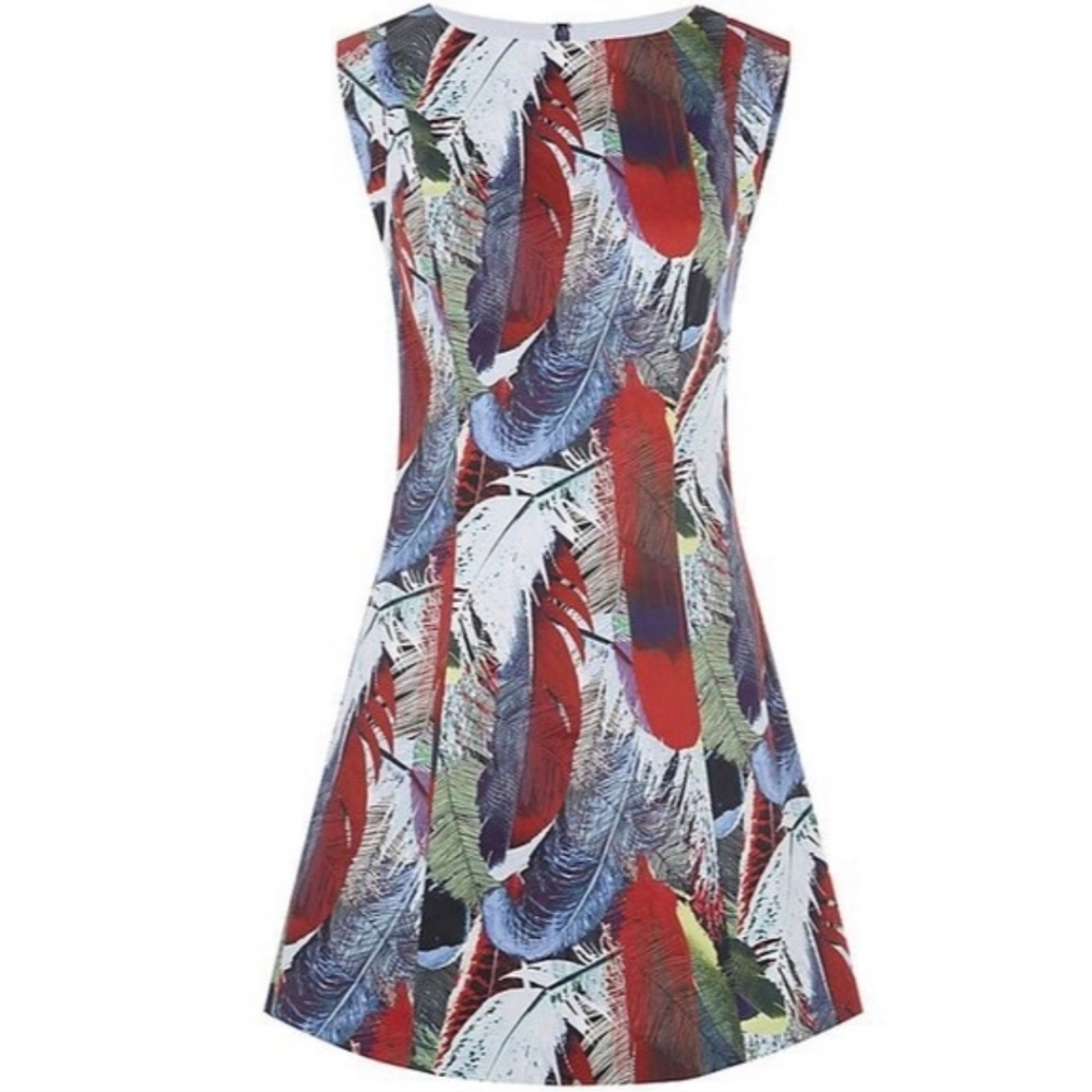 REISS | Ottoline Feather Print Dress Size US 8 Blue Green Red White Colorful